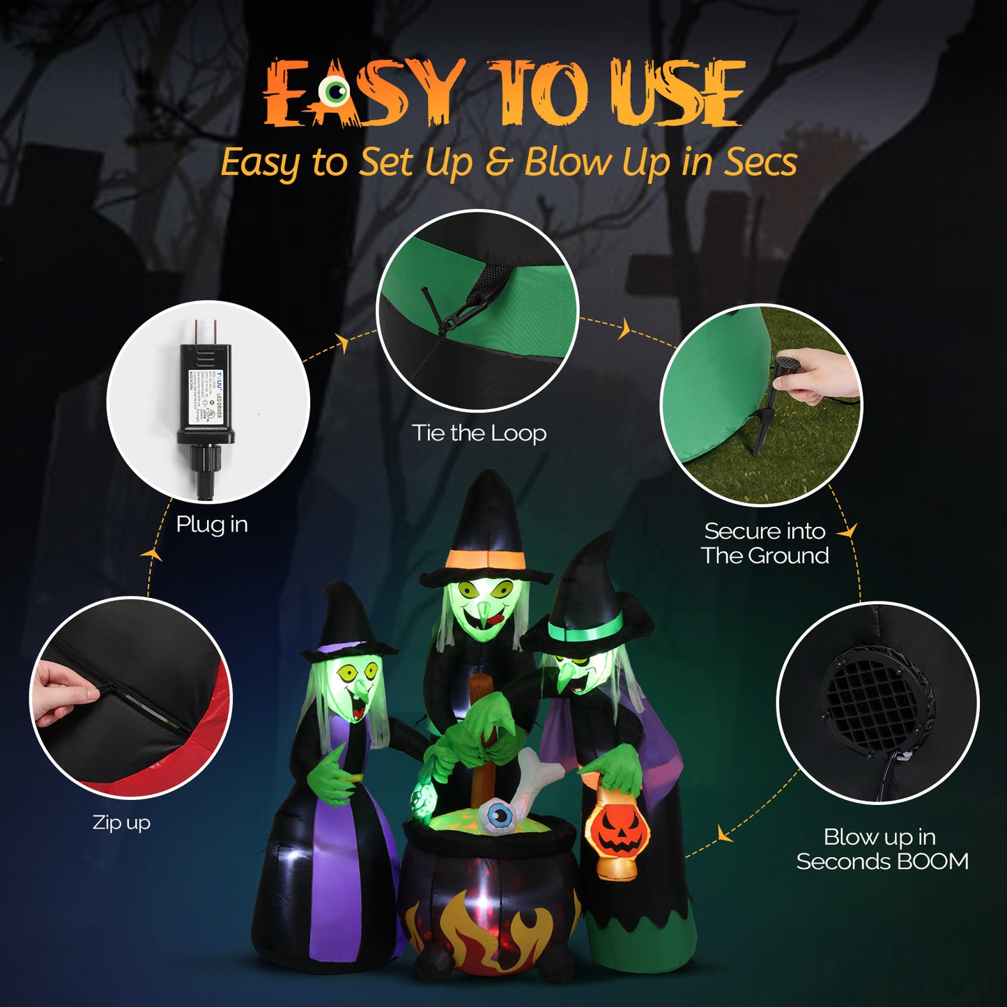 6 FT Halloween Inflatables Witches Outdoor Halloween Decoration W/ 5Pcs LED Lights