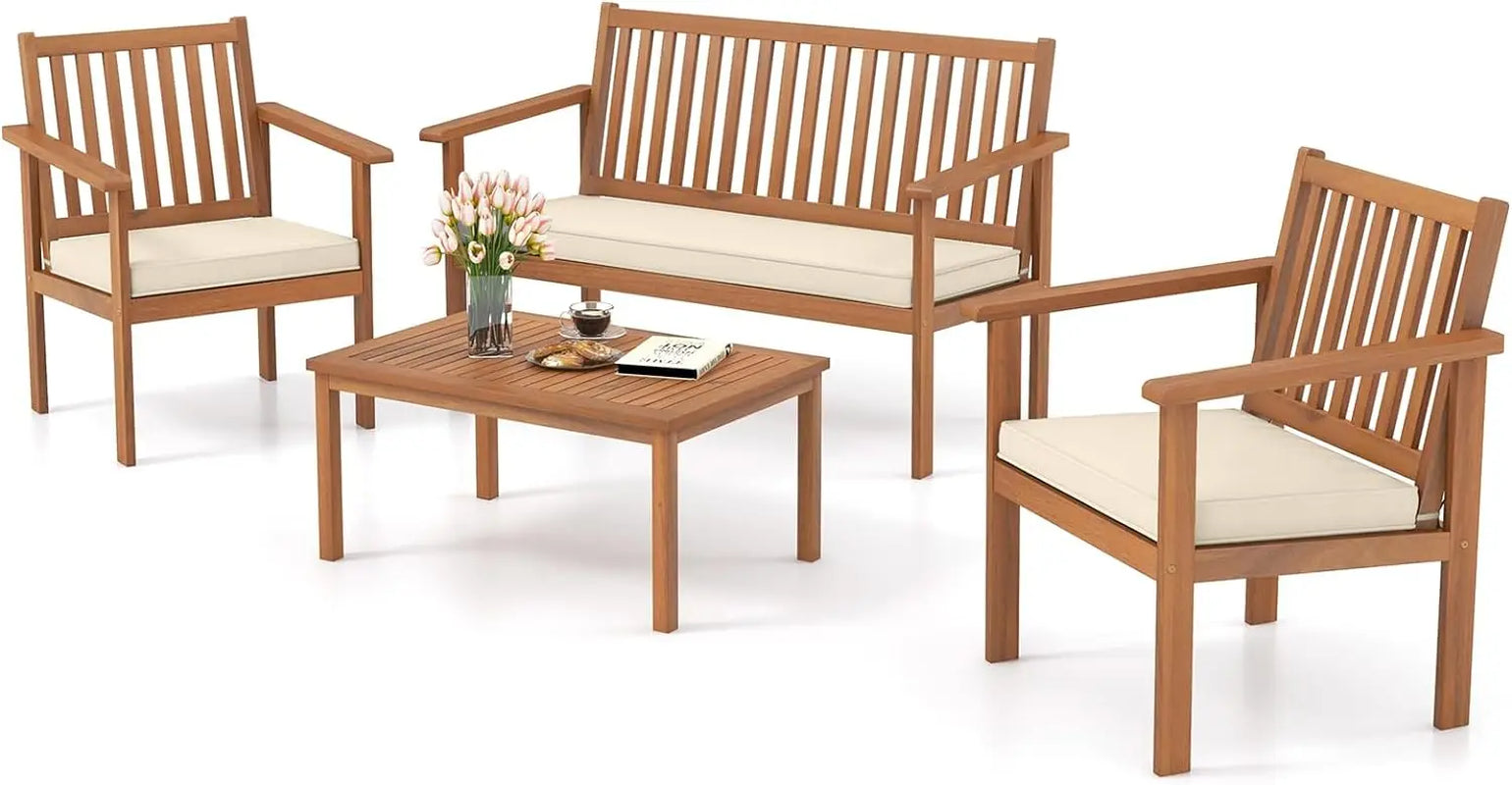 4 Piece Patio Wood Furniture Set, Acacia Wood Sofa Set W/Loveseat, 2 Chairs & Coffee Table, Soft Seat Cushions, Outdoor