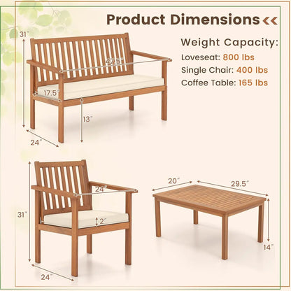 4 Piece Patio Wood Furniture Set, Acacia Wood Sofa Set W/Loveseat, 2 Chairs & Coffee Table, Soft Seat Cushions, Outdoor