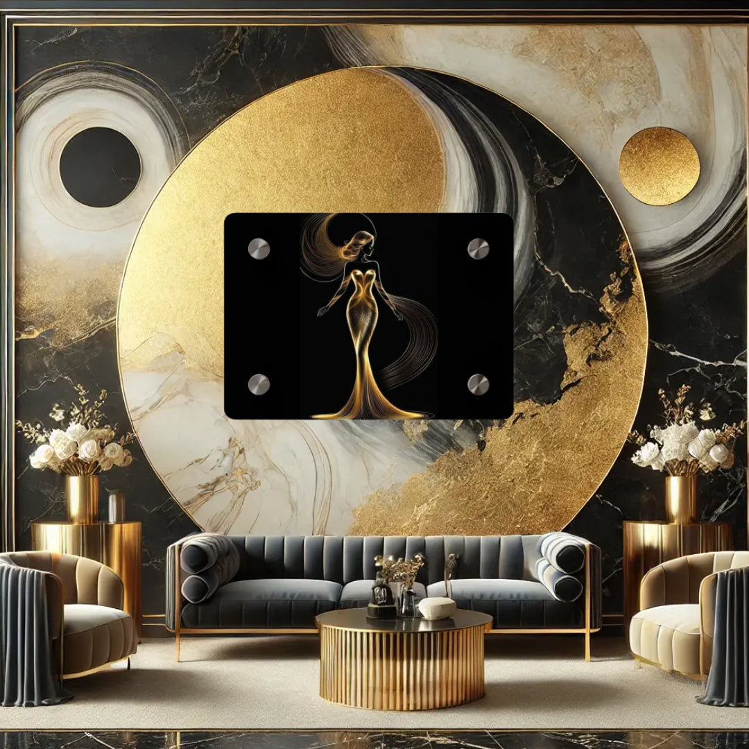 Elegant Gold Flowing Lady Acrylic Wall Art Panel | Modern Home Decor
