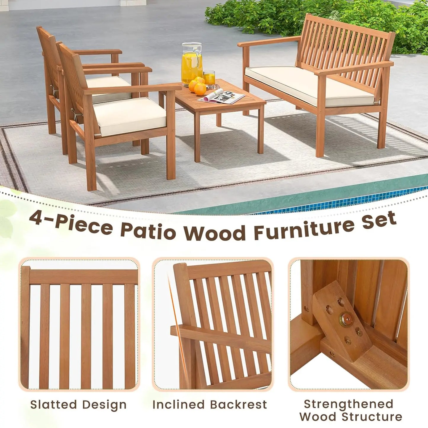 4 Piece Patio Wood Furniture Set, Acacia Wood Sofa Set W/Loveseat, 2 Chairs & Coffee Table, Soft Seat Cushions, Outdoor