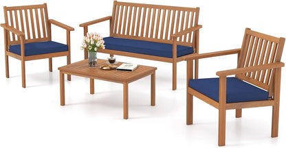 4 Piece Patio Wood Furniture Set, Acacia Wood Sofa Set W/Loveseat, 2 Chairs & Coffee Table, Soft Seat Cushions, Outdoor