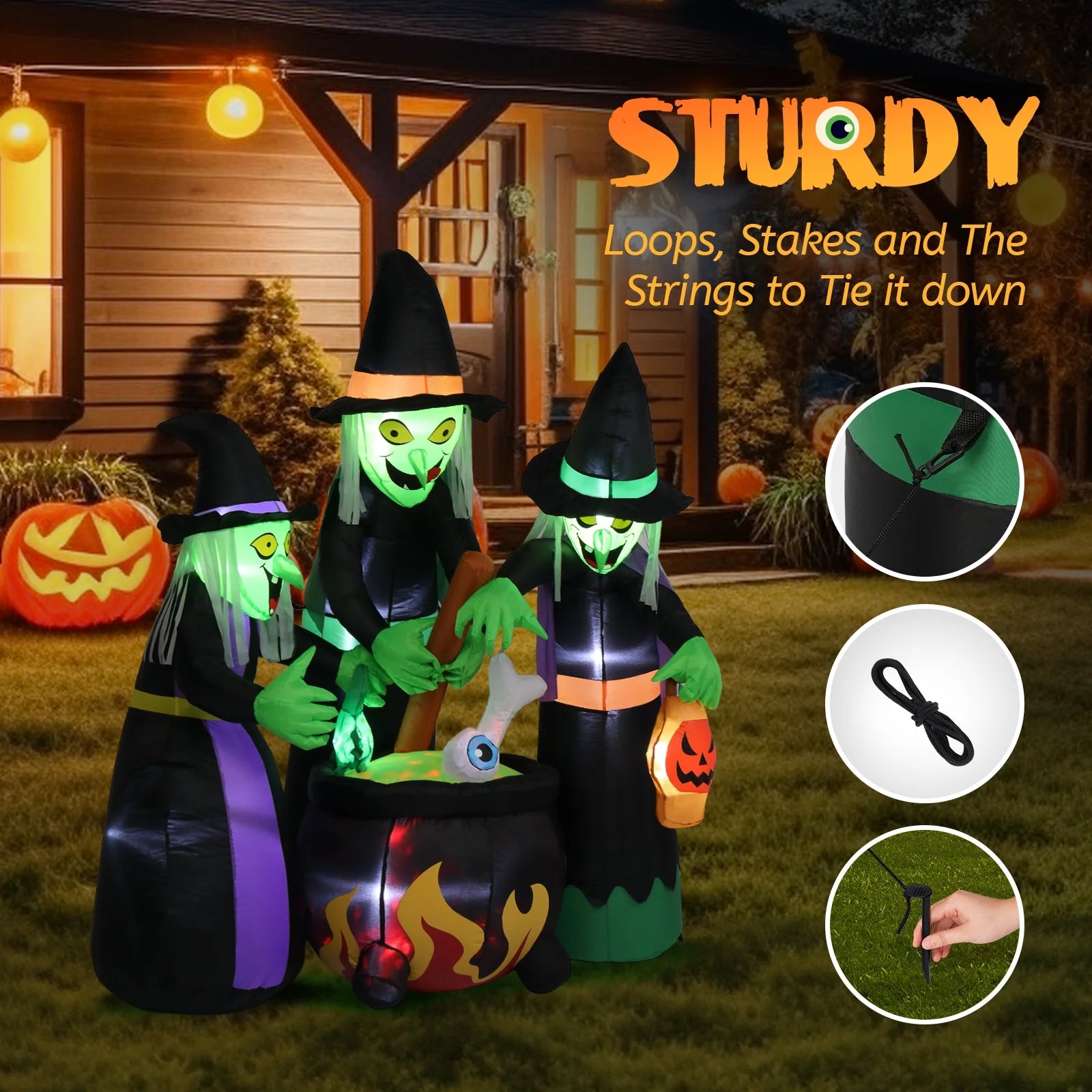 6 FT Halloween Inflatables Witches Outdoor Halloween Decoration W/ 5Pcs LED Lights