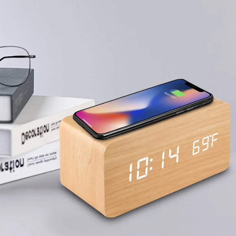 Wooden Digital Alarm Clock with Wireless Charging, LED Clock with Time, Date,Temperature, Desk Clocks for Office,Bedside Clock